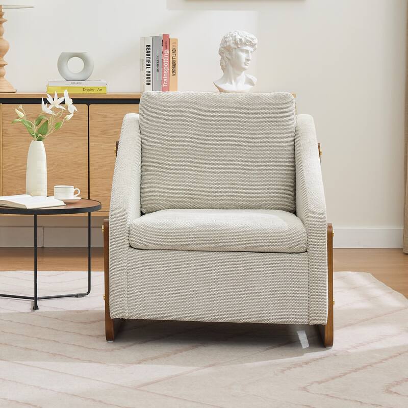 Modern Chenille Upholstered Armchair with Wooden Side Frame, Single Accent Leisure Chair with Backrest for Living Room, Bedroom