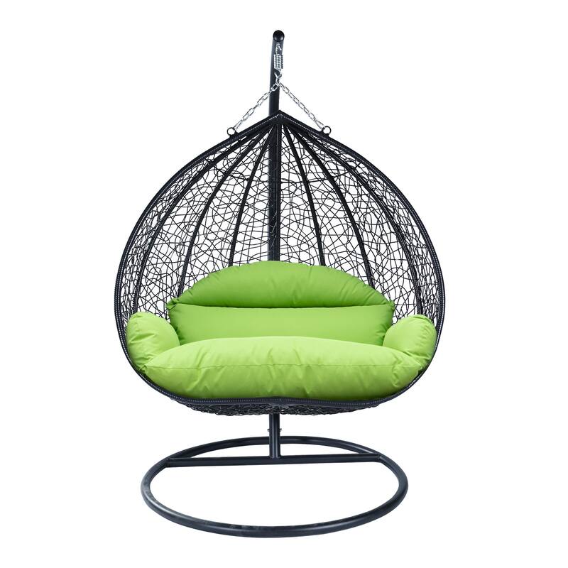 2-Person Outdoor Hanging Egg Chair with Teardrop Frame, Weather-Resistant Cotton Cushioned Seat for Patio and Indoor Use - Light Green