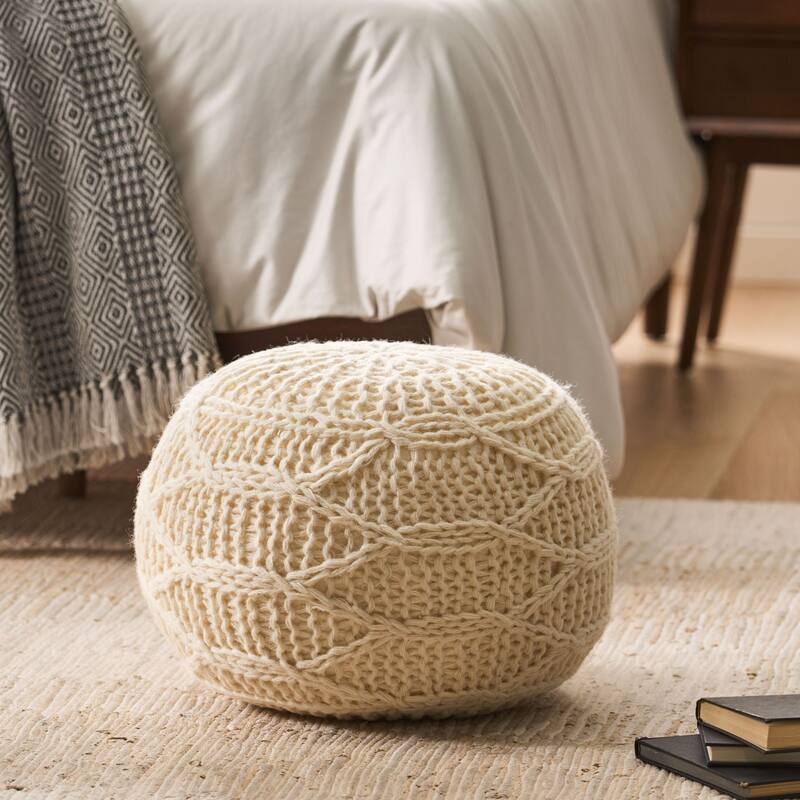 Oaks Aura Knitted Wool Cotton 20 x 20 Round Pouf, Modern Farmhouse Handcrafted Design Ottoman