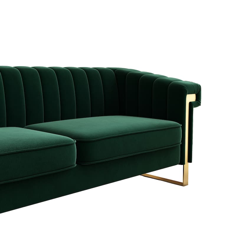 Leisure Sofa with Stainless Steel Metal Accents, Retro Green Velvet Upholstered Seat with Removable Cushions, Bedroom Loveseat