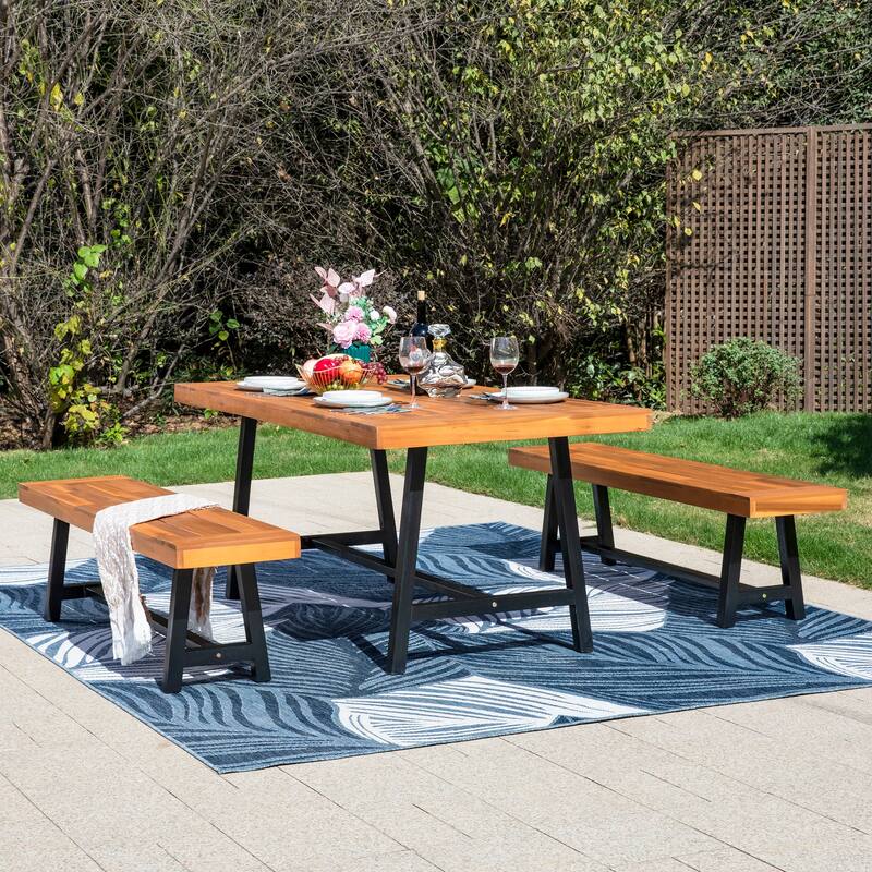 MAISON ARTS 1 PCS Acacia Wood Bench/3PCS Patio Dining Set with 1 Rectangular Table and 2 Benches