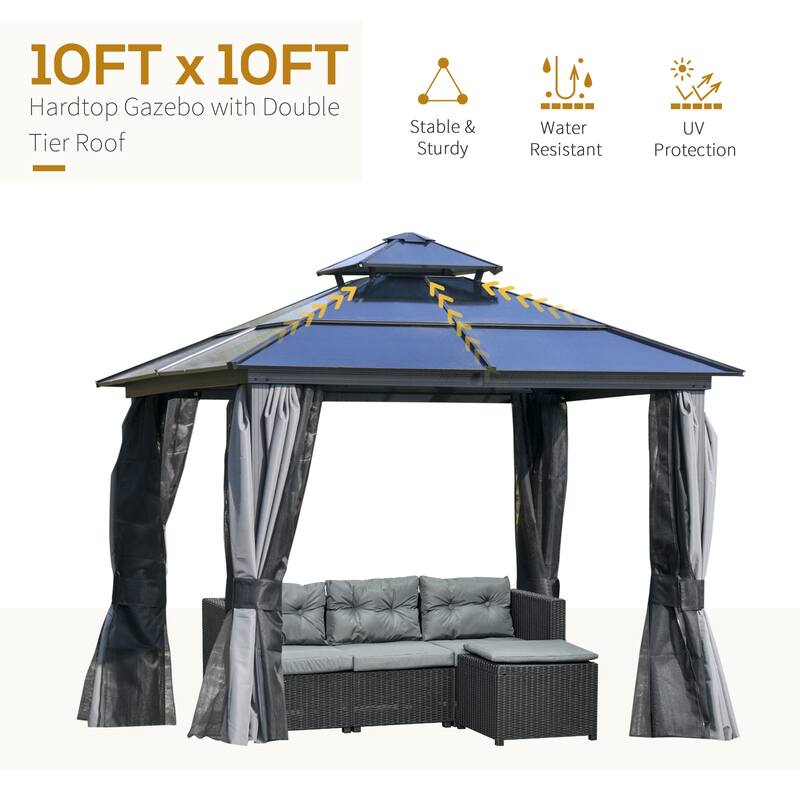 10x10 Hardtop Gazebo with Polycarbonate Roof, Aluminum Frame, Netting & Curtains for Outdoor Use