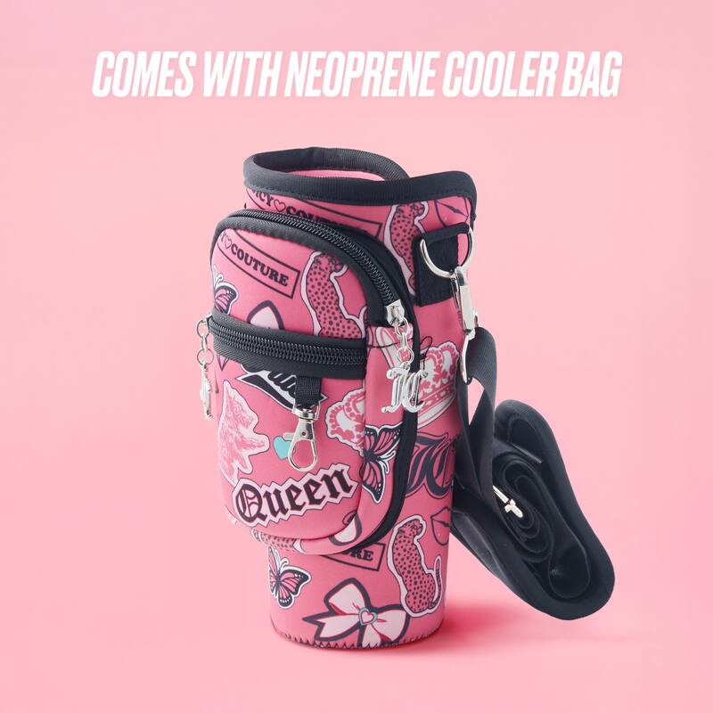 Juicy Couture Jetsetter Hydration Stainless Steel Tumbler with Handle, Straw & Topper with Neoprene Crossbody Pouch