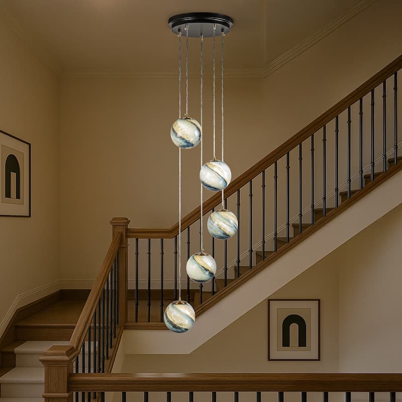 12'' 5-Light Modern Glazed Glass Globe Staircase Chandelier Coastal Handcrafted Glass Pendant In Matte Black - W12''