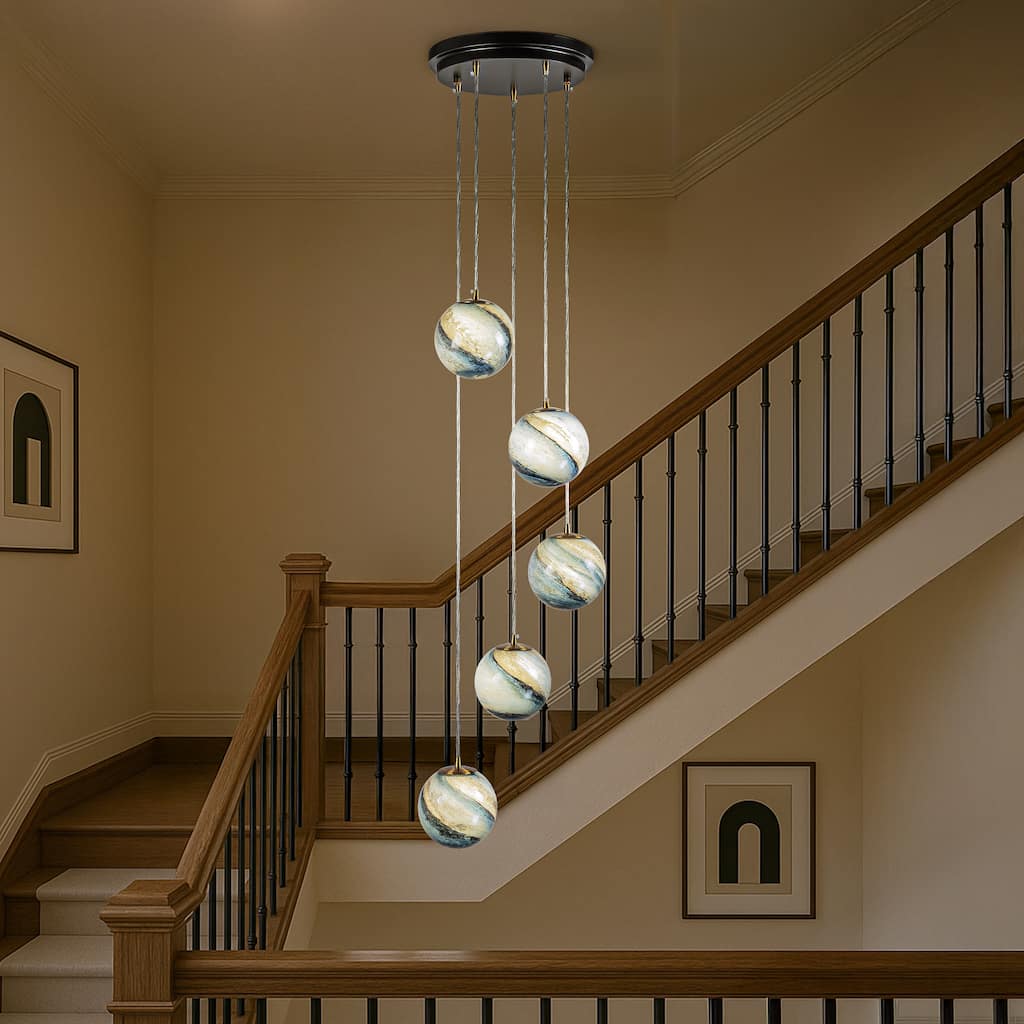 12'' 5-Light Modern Glazed Glass Globe Staircase Chandelier Coastal Handcrafted Glass Pendant In Matte Black - W12''