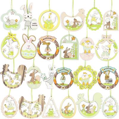 24pcs Wood Easter Hanging Ornament Decoration Chicken Rabbit Embellishment