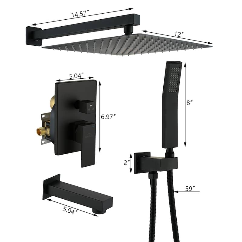 3-Function 12-In Wall Mounted Shower System with Tub Faucet