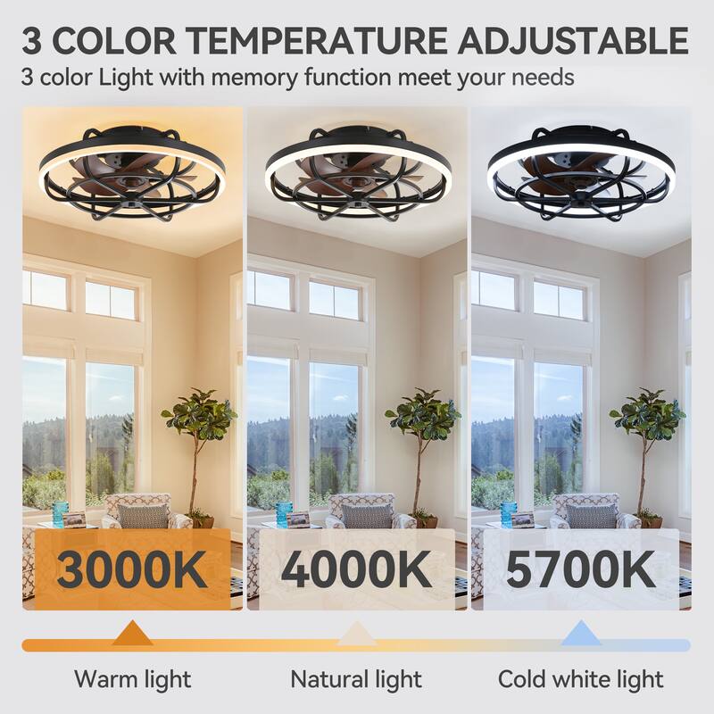 19.7" Flush Mount Caged Dimmable LED Ceiling Fan with Light and Remote