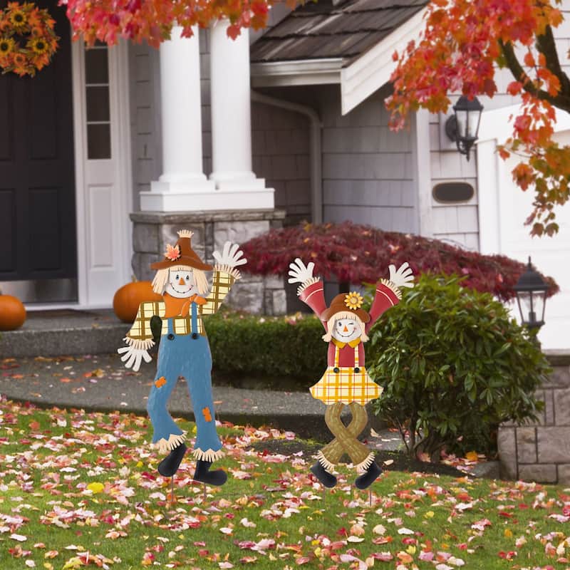 Glitzhome 36"H Set of 2 Fall Metal Cheerful Scarecrow Girl & Boy Yard Stake