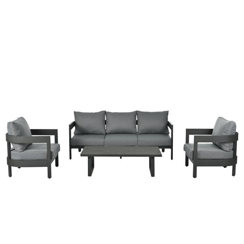 4 Piece Iron Patio Conversation Furniture Set with 3 Seater Sofa, 2 Single Chairs and Coffee Table - Dark Gray