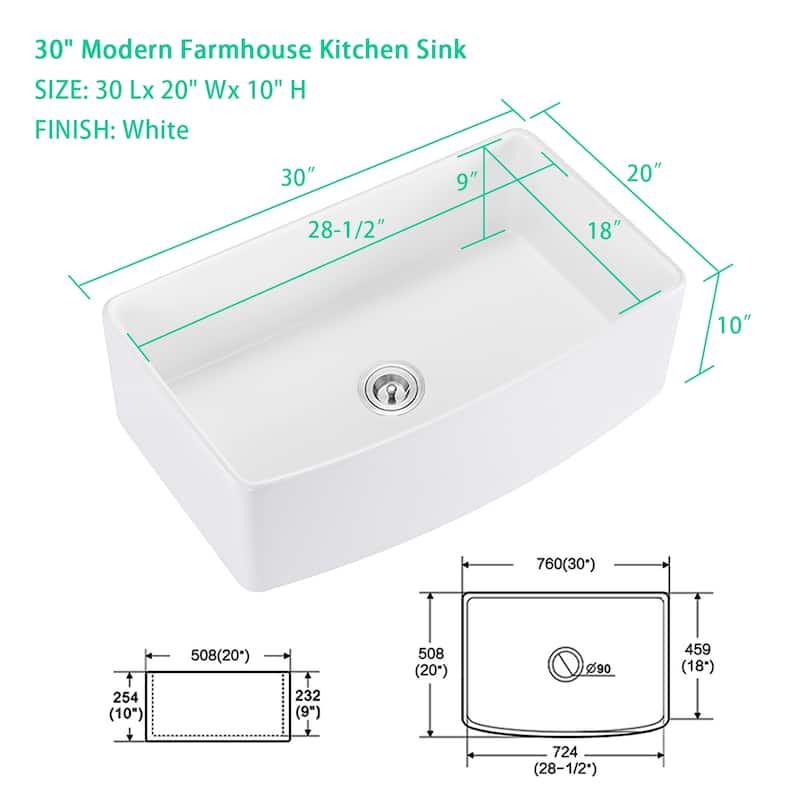 PROOX 30" W X 20" D Single Bowl Kitchen Apron-front Ceramic Porcelain Sink with Accessories - 30" W X 20" D