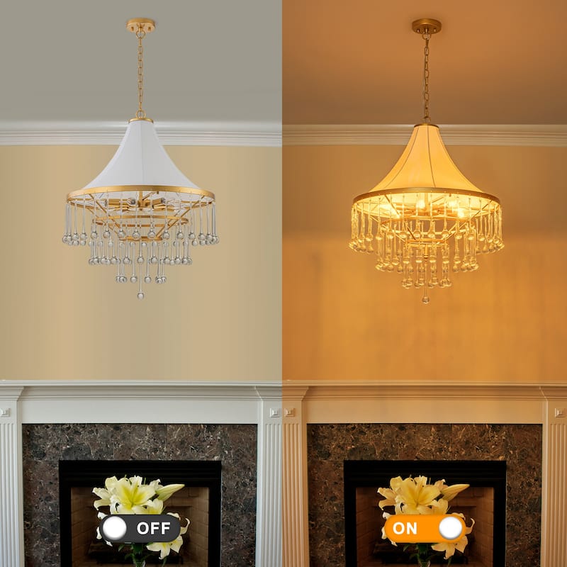 Brushed Gold Crystal Tiered Chandelier with Linen Shade Dining Room - Dia.23.62-in