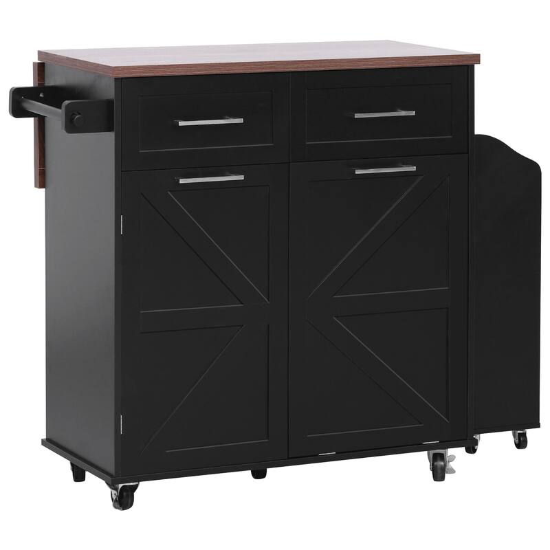 Roomfitters 47.2" Farmhouse Kitchen Island with Drop Leaf, Tilt Trash Can Cabinet, Removable Mobile Side Racks
