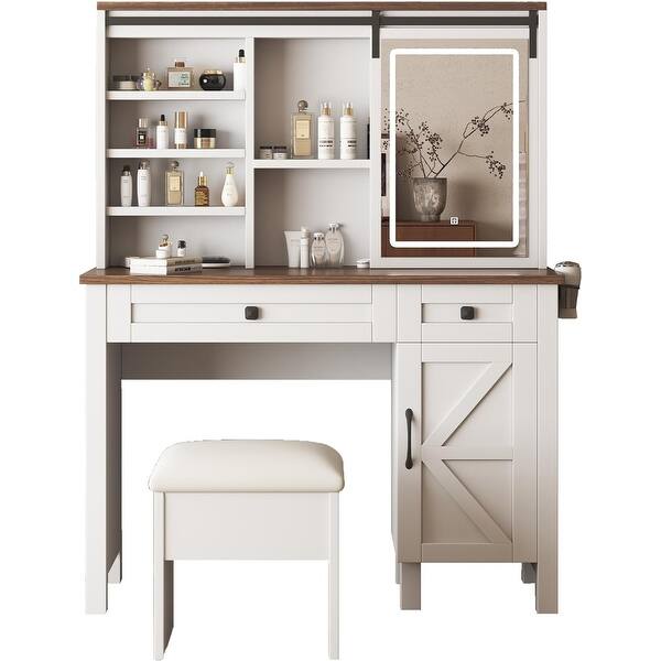 Farmhouse Vanity Desk with Sliding LED Mirror, Storage Shelves ...