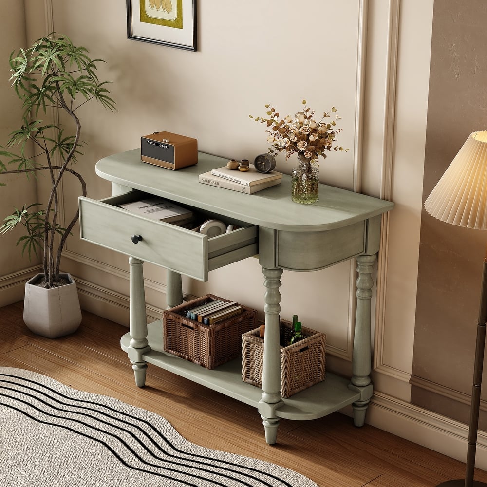Retro Corner Curved Console Table with Top Drawer and Open Shelf