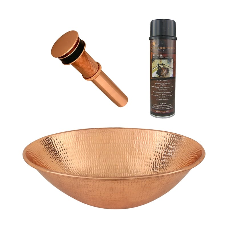 17" Oval Wired Rim Vessel Hammered Copper Sink in Polished Copper, Matching Drain and Accessories