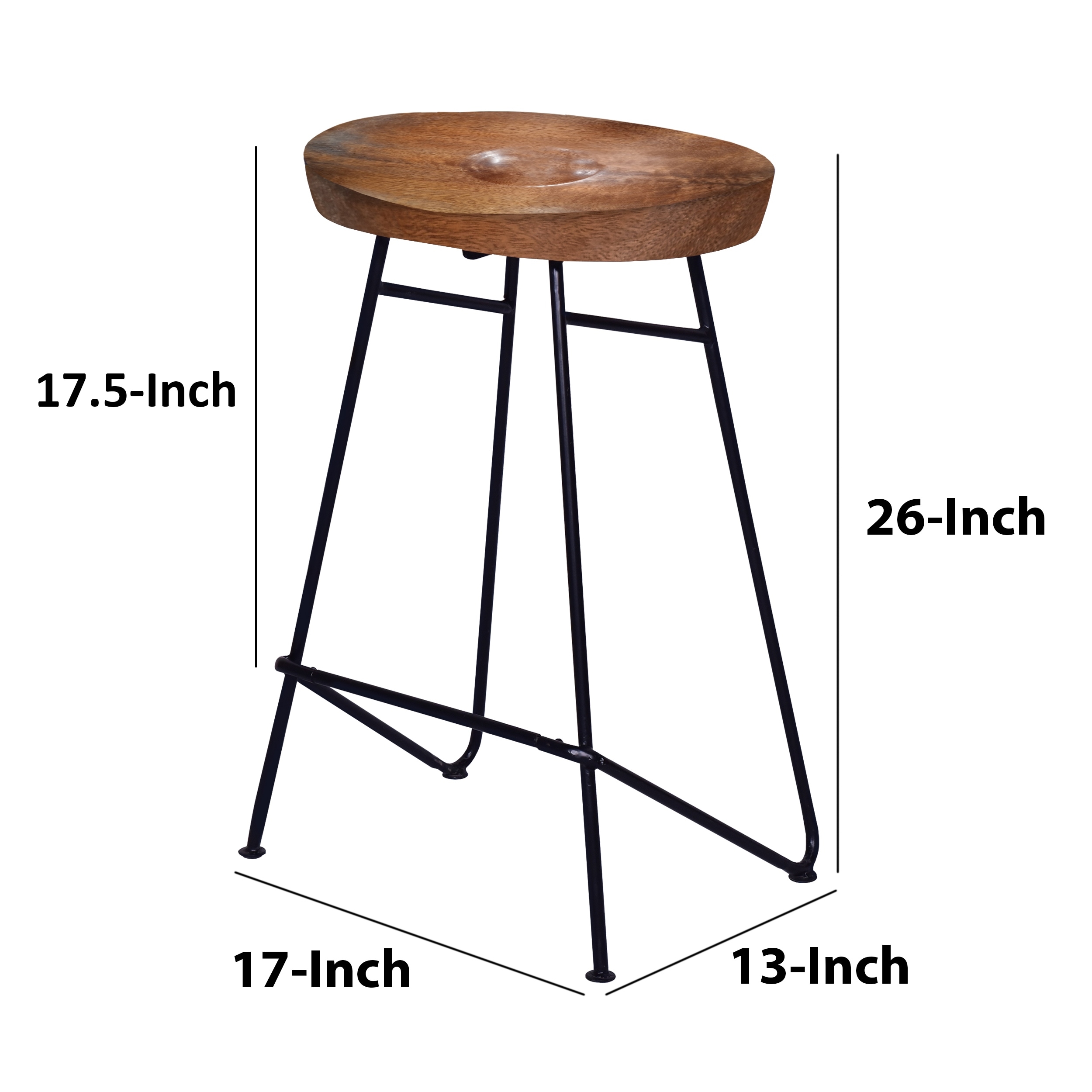 26 Inch Industrial Counter Height Stool Contoured Mango Wood Seat Iron Cafe Brown Black