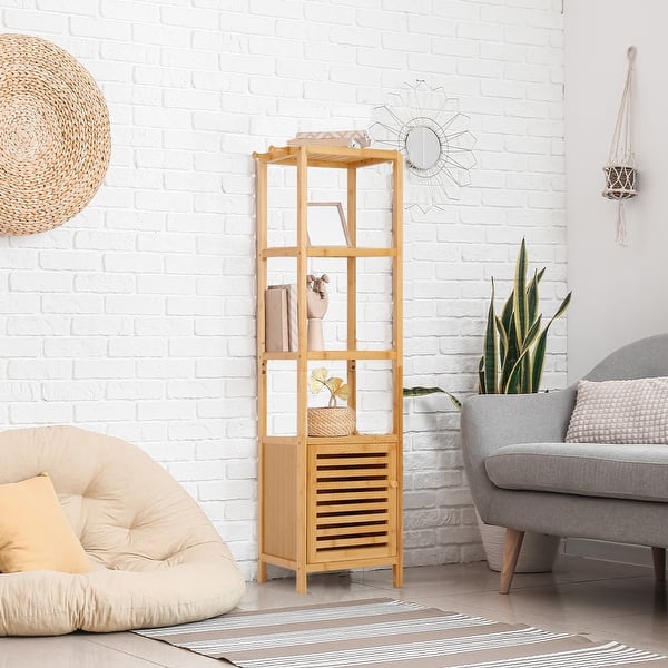 slide 2 of 12, Tall Storage Cabinet with Shutter Door and 3 Tier Shelves Freestanding - 13.3" x 13" x 55"  Natural Wood