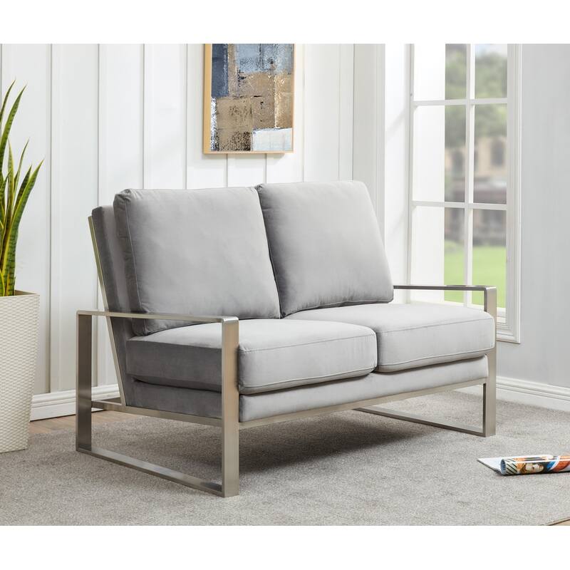Jefferson Modern Leather/Velvet Loveseat Sofa with Silver/Gold Frame, Removable Cushions Couch for Home and Office