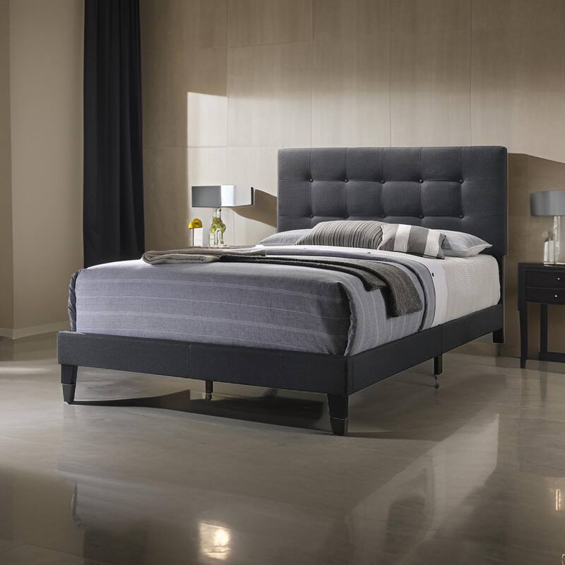 Full Size Bed with Square Button Tufted Headboard, Dark Gray
