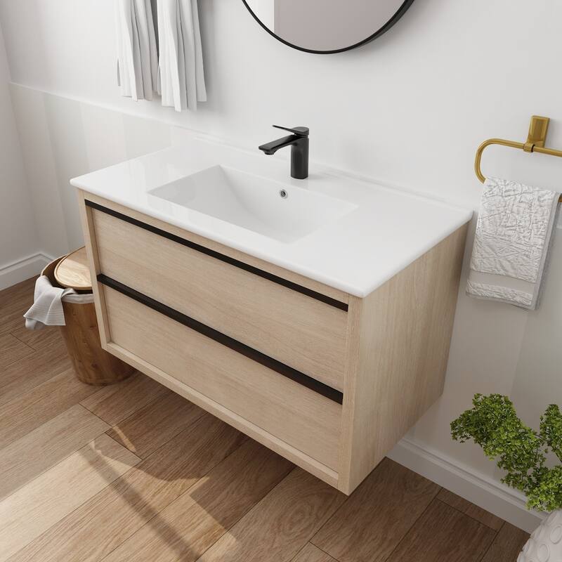 Wall-Mounted Plywood Bathroom Vanity Set in Plain Light Oak with Integrated Sink