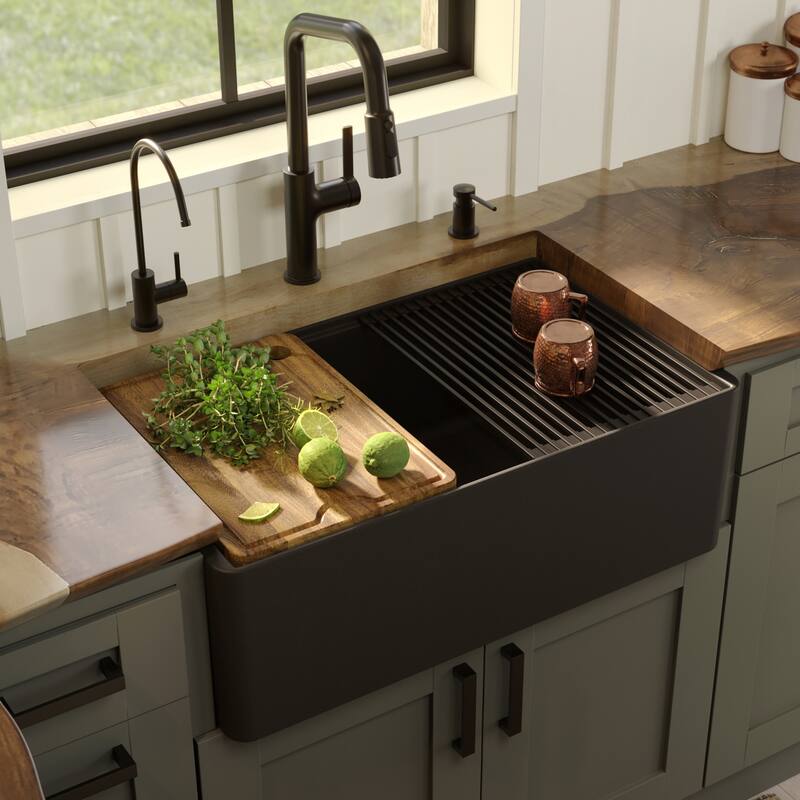 Karran 30" Single Bowl Workstation Fireclay Kitchen Sink with Reversible Fluted Apron Front