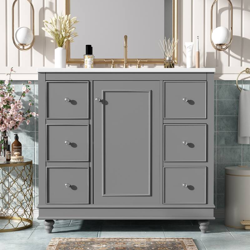 36" Modern Bathroom Vanity with Ceramic Sink - 4 Drawers & 1 Door, Adjustable Shelf - Solid Wood Frame & MDF for Bathroom