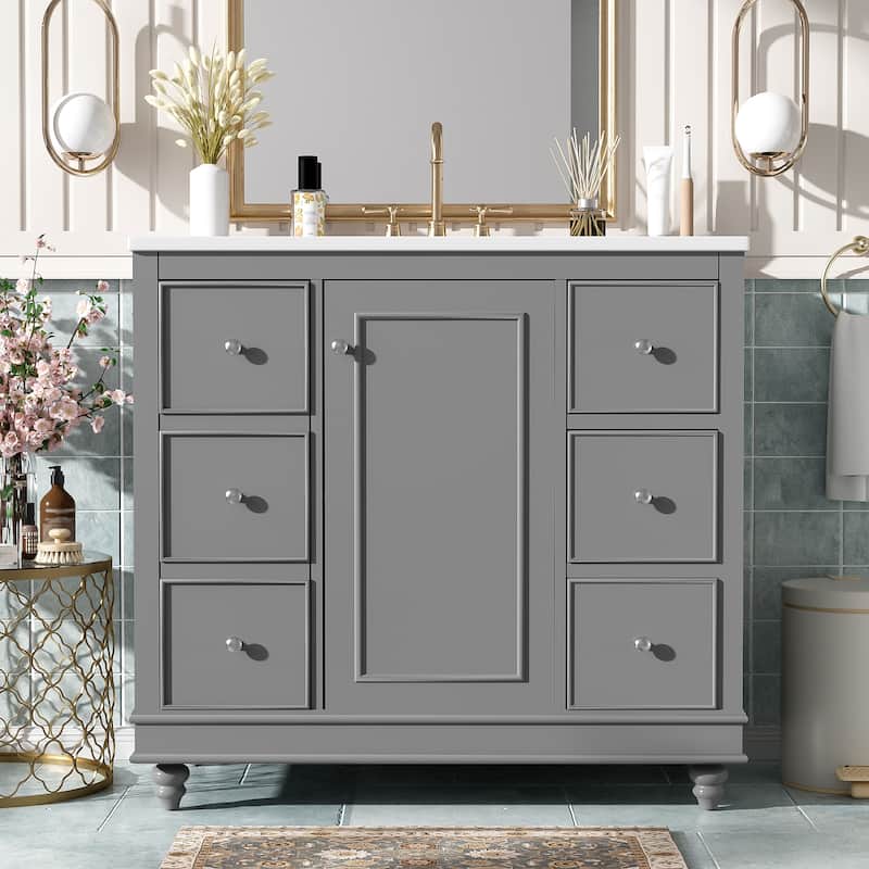 GDFStudio - Mario 36" Bathroom Vanity Cabinet with 4 Drawers and 1 Soft-Close Door - with Sink - Grey
