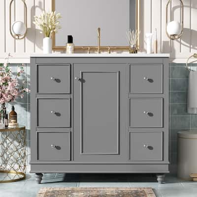Roomfitters 36" Bathroom Vanity with Ceramic Sink, 4 Drawers, 1 Door, Adjustable Shelf, Solid Wood Frame