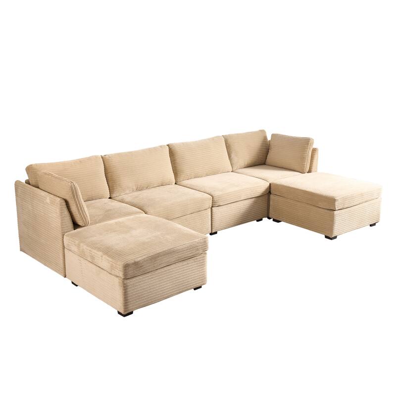 HOOOWOOO Modular U-shaped Corduroy Fabric Sectional Sofa Couch with Ottoman