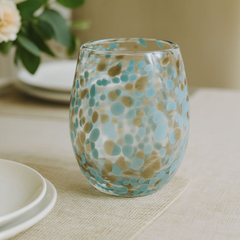 16 oz. Confetti Glass Stemless Wine Drinkware Aqua Blue Dishwasher Safe Beverage Set of 6
