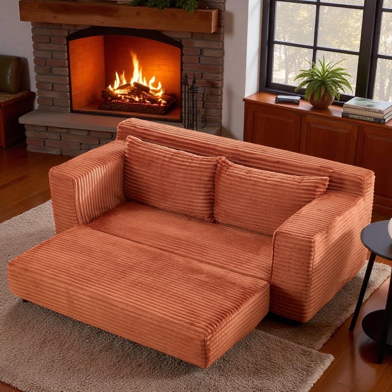 Convertible Memory Foam Loveseat Sofa Bed, No-Assembly Corduroy 2-in-1 Couch with Steel Frame for Small Spaces