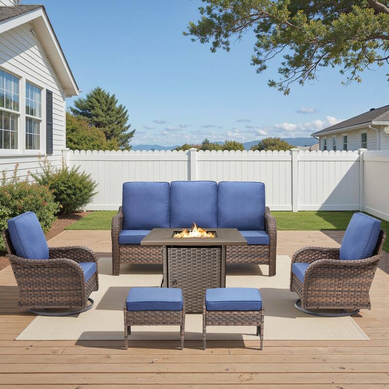 Pocassy Patio Funiture Sofa Swivel Chair Ottoman with Fire Table Set - Blue Cushion - Brown Wicker - 6-Piece Sofa Swivel Chair Ottoman w/ Fire Table