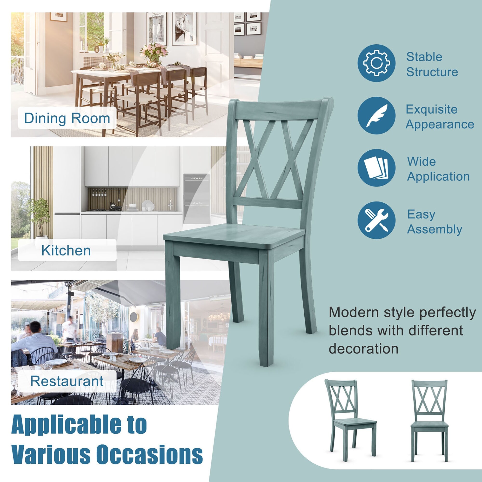 Set of 2 Dining Chairs Rubber Wood Dining Room Side Chair Mint