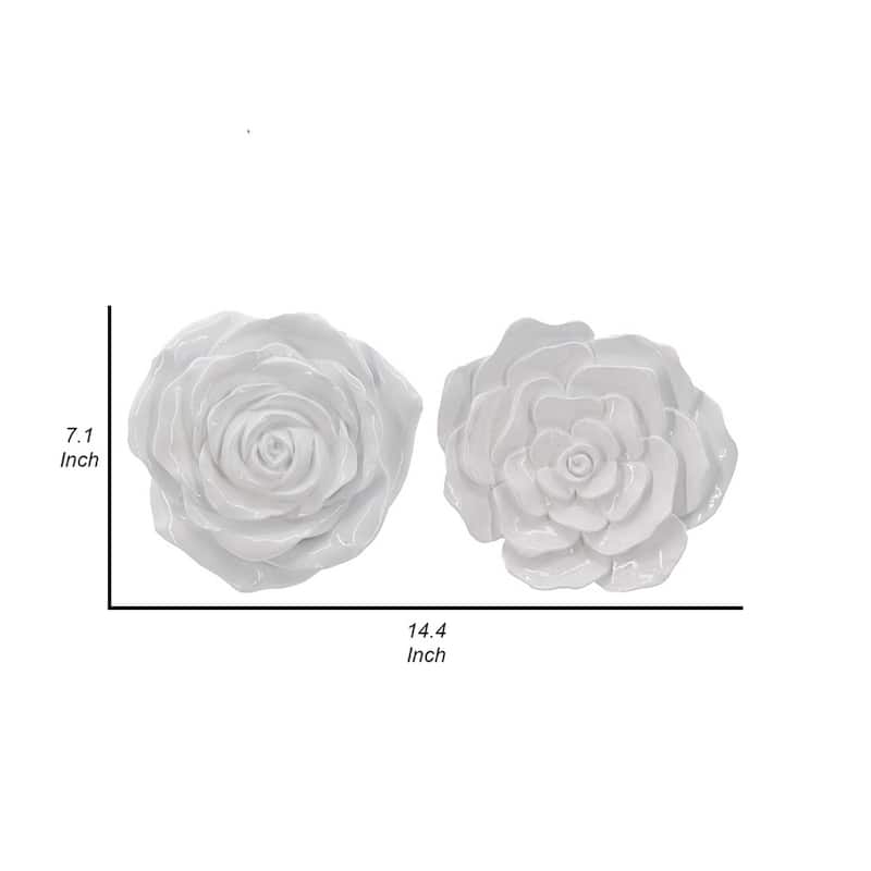 Dazzle 7, 8 Inch Rose Hanging Wall Accent Set of 2, White Resin 3 Dimensional