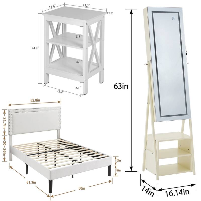 VECELO White 4 Piece Bedroom Set Upholstered Height-Adjustable Bed Nightstand Standing Jewelry Cabinet