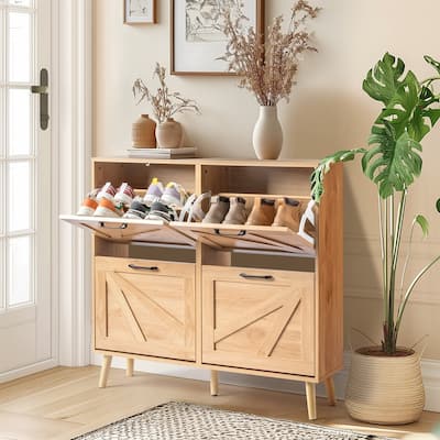 Barn Door 4 Flip Black Handles Melamine Particleboard Shoe Cabinet 41.7In - N/A
