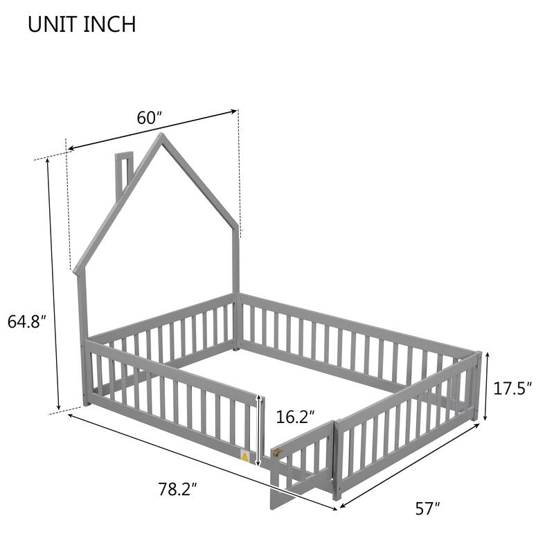 House-Shaped Headboard Full Floor Bed with Fence, Grey
