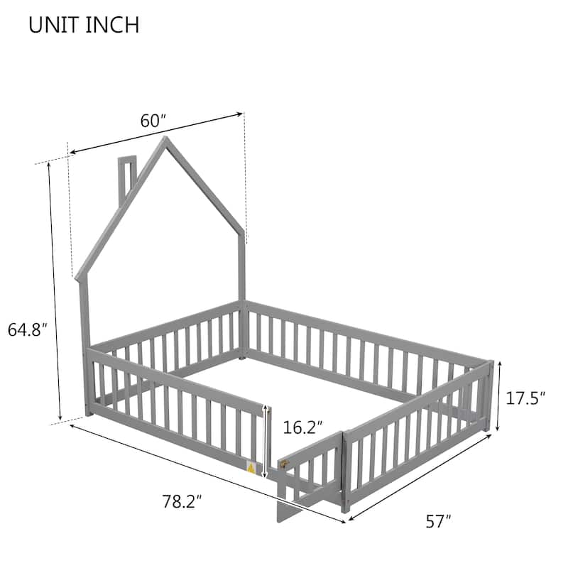 Toddler Floor Bed with House-Shaped Headboard, Fence and Door, No Slats House Floor Bed Frame for Children's Room Kids Bed