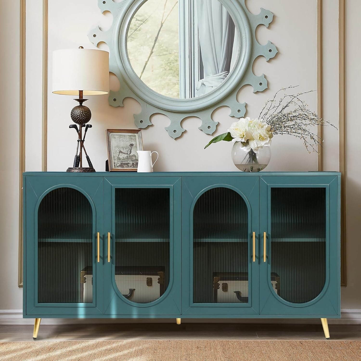 Modern Glass Door Sideboard with Gold Handles & Legs, Adjustable Shelf for Living Room, Office, Hallway, TV Stand up to 65"