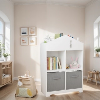 2-Tier Kids Bookcase with Storage and Collapsible Fabric Drawers