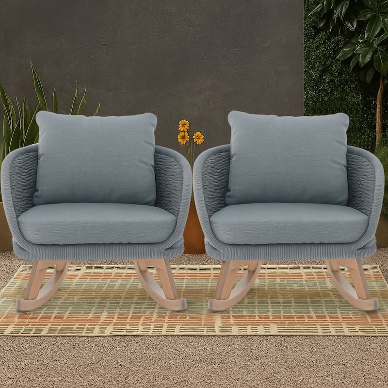 Classic Minimalist Rope Wicker Rocking Chair with Cushions and Solid Wood Legs, For Indoor and Outdoor Use - Gray - 2 Pcs