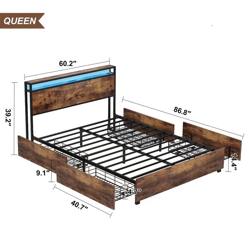 Queen Bed Frame Storage Headboard with Charging Station