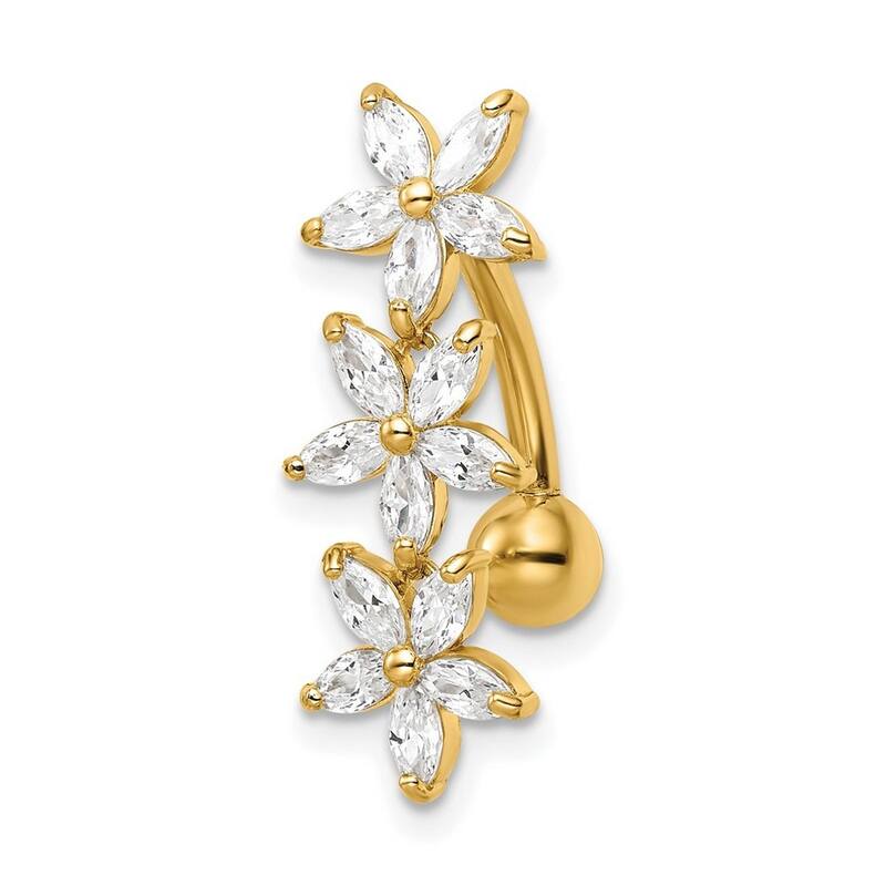 Curata 14k Yellow Gold Marquise CZ Simulated Diamond 3 Flowers Dangle Belly Ring