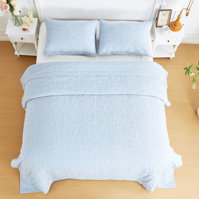 Royel Matelasse Embroidery Cotton Quilt & Coverlet Set Blue