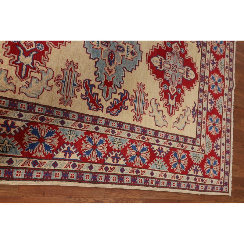 Geometric Beige Kazak Area Rug Hand-Knotted Bedroom Wool Carpet - 4'10" x 6'5"