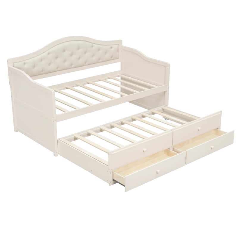 Twin Daybed with Trundle, Wooden Sofa Bed with Upholstered Button-tufted Backrest and 2 Storage Drawers for Living Room Bedroom