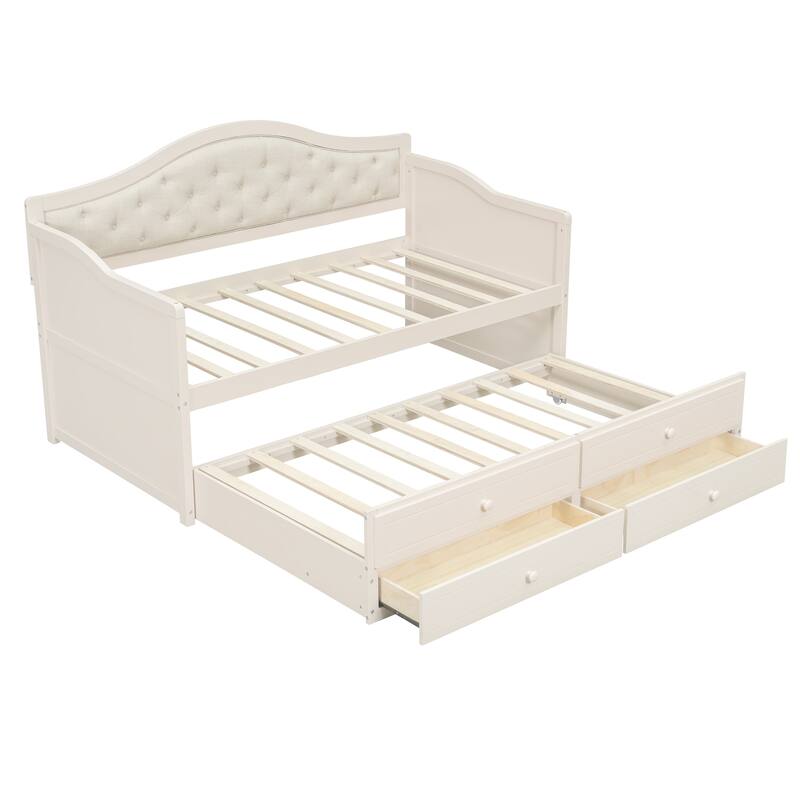 Wooden Frame Day Bed, Twin Size Daybed with Trundle Bed, Upholstered Tufted Button Backrest Sofa Bed with 2 Storage Drawers