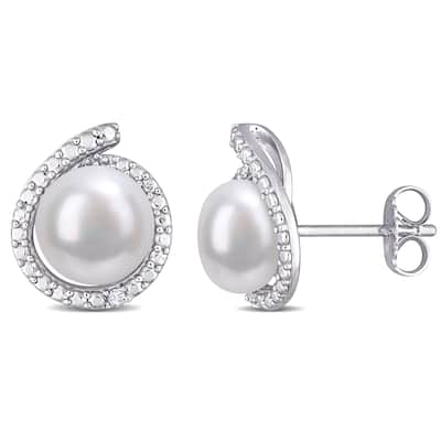 Miadora Sterling Silver Cultured Freshwater Pearl and Diamond Accent Halo Stud Earrings (8-8.5mm)