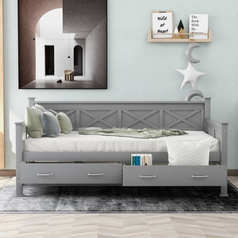Farmhouse Style Solid Wood Daybed,Twin Size Sofa Bed with 2 Drawers（2 Colors）